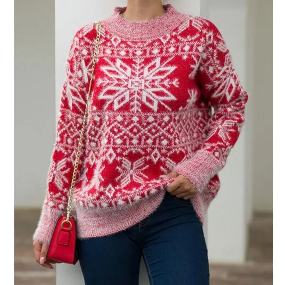 Fair Isle Nordic Style Sweater Cozy Christmas Snowflake Red White Women's Medium